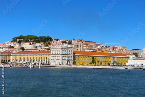 Lisbon city view from the Tagus river. View of Praça do Comércio, most famous square in the historical center of Lisbon, shot from the Tagus river.
