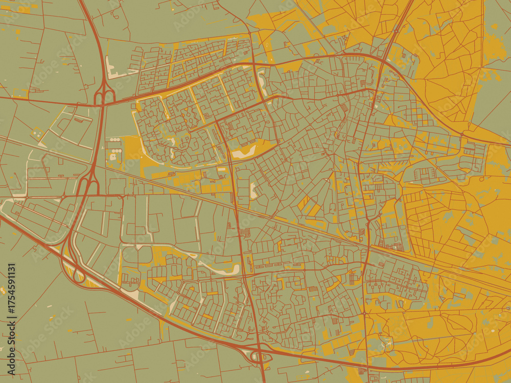 Obraz premium Flat painterly map of Ede, Netherlands in muted sage base, rust-colored roads, and soft ochre highlights.