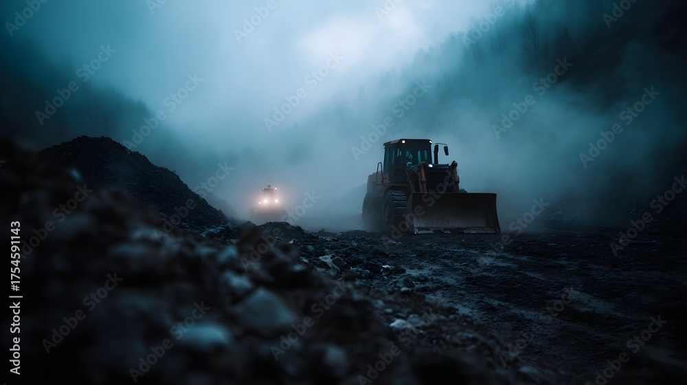 Fototapeta premium Two bulldozers operate in a misty industrial landscape during dawn or dusk