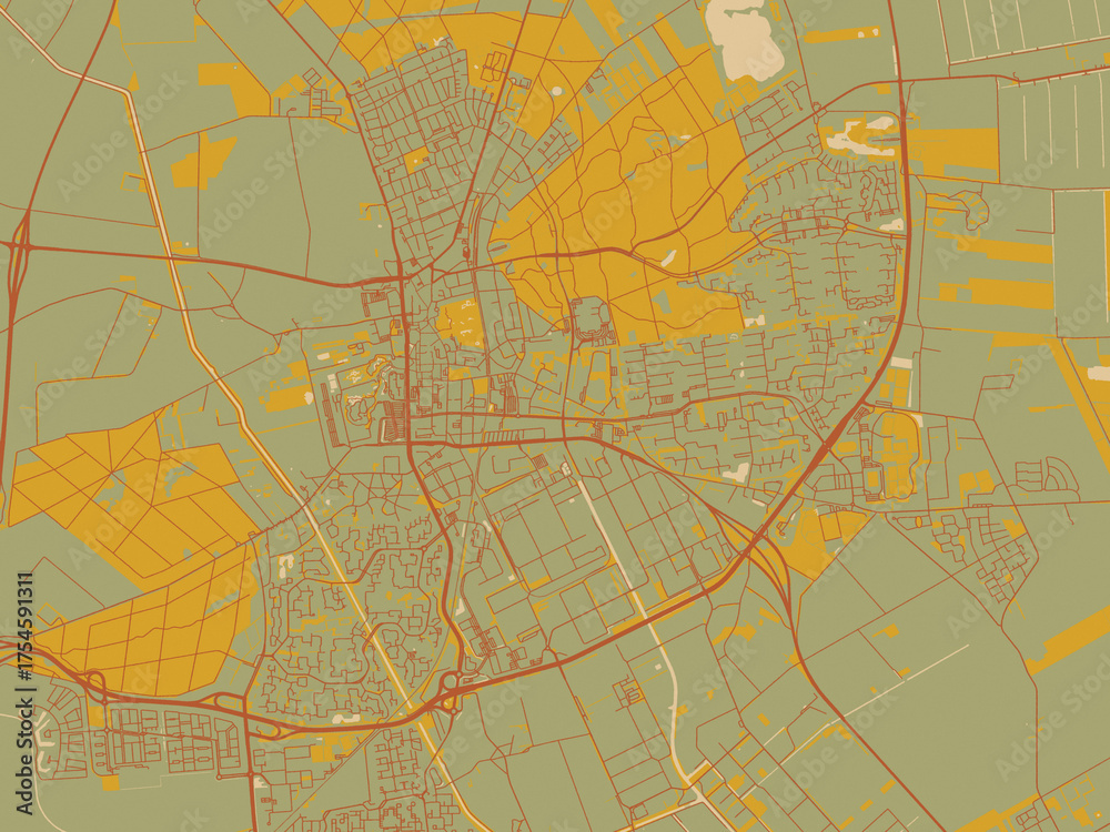 Naklejka premium Vector-style flat map of Emmen, Netherlands with sage green ground with rust-red roads and ochre accents.