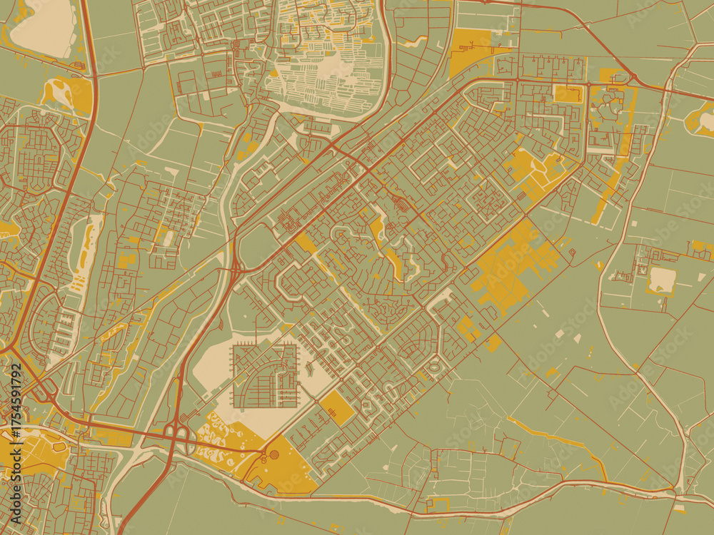 Obraz premium Minimalist flat city map of Heerhugowaard, Netherlands with sage green ground with rust-red roads and ochre accents.