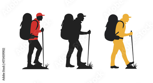 Silhouettes of hikers with backpacks and walking poles in various colors