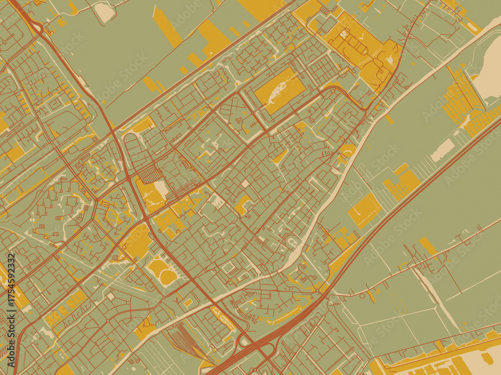 Obraz premium Graphic flat color map of Leidschendam, Netherlands in sage/olive tone field with rust networks and ochre shapes, cream water.