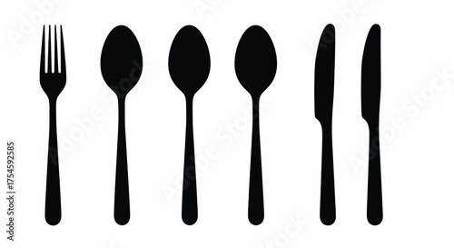 A simple black and white illustration featuring silverware and eating utensils