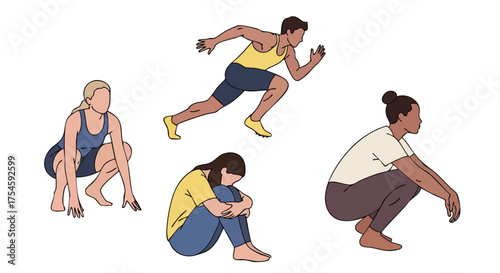 Illustrations showcasing various human activities, including dynamic exercises such as running and squats, alongside moments of quiet introspection and rest