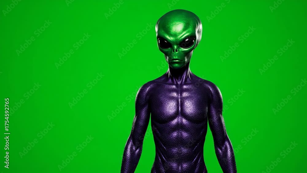 3D animated alien character on green screen. Extraterrestrial creature ...