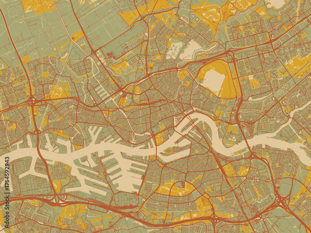 Obraz premium Decorative flat city map of Rotterdam, Netherlands using sage/olive tone field with rust networks and ochre shapes, cream water.