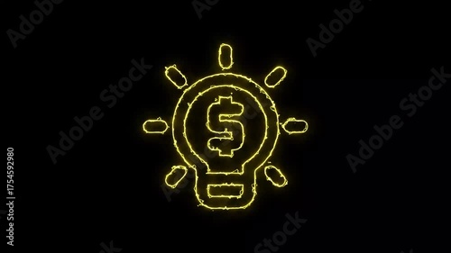 Neon black light bulb icon with a dollar sign center saber animation on black background.