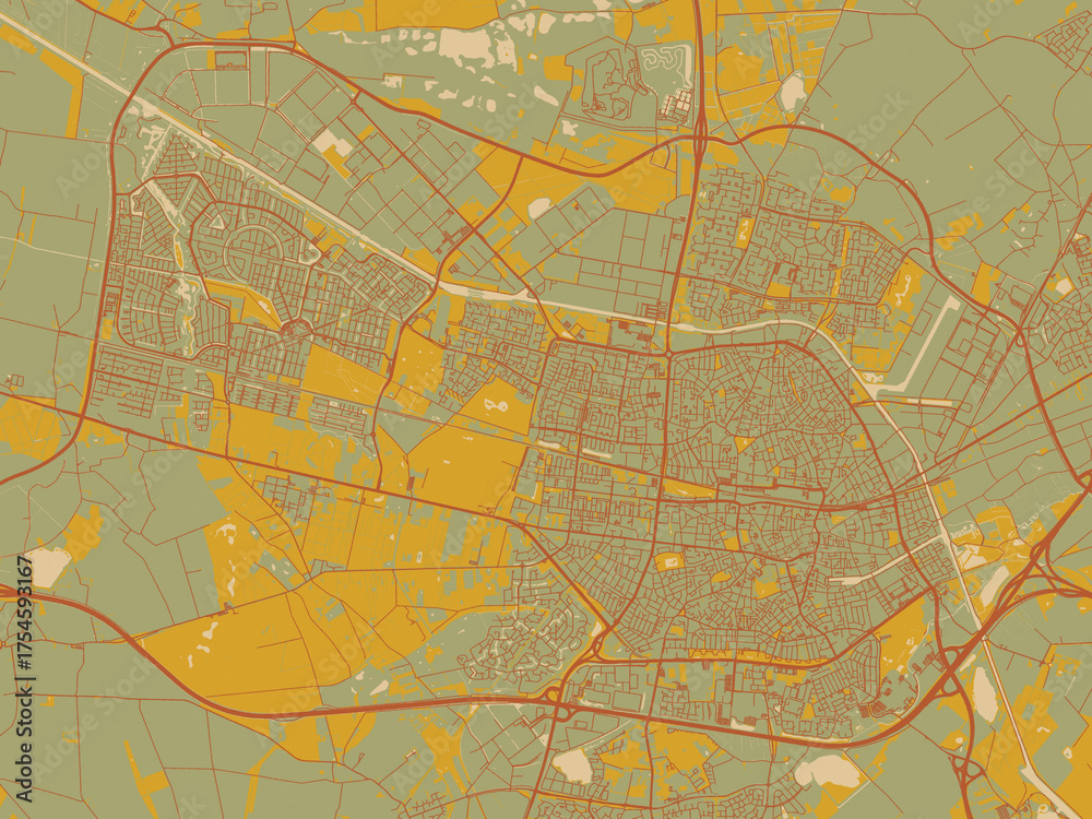 Obraz premium Graphic flat color map of Tilburg, Netherlands in earthy sage background with rust roadways and ochre details.