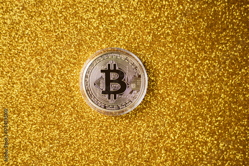 Bitcoin virtual money and fiat money coins Euro. Decentralised Cryptocurrency logo of BTC coin. 