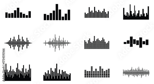 Visual representation of sound waves and audio signal patterns on white