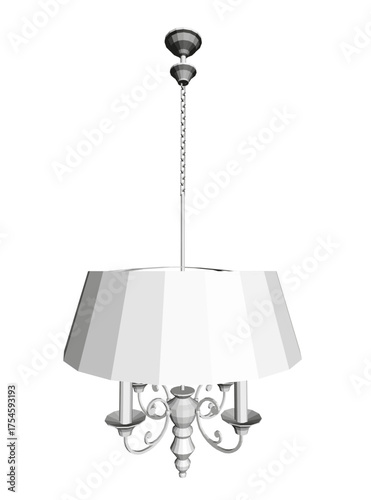 Vintage polygonal chandelier with a white shade hangs from the ceiling, casting a bright and inviting atmosphere in the room.