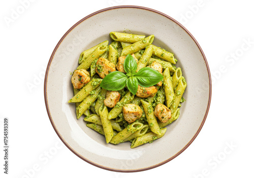 Isolated shot of pesto pasta dish with chicken on ceramic plate, delicious meal, studio shot