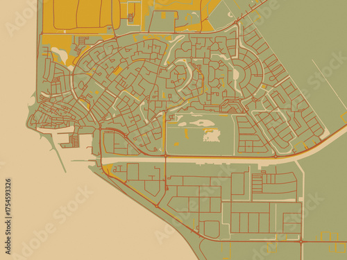 Photos Decorative flat city map of Urk, Netherlands using olive backdrop with warm rust street network and ochre blocks
