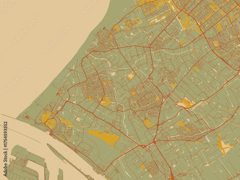 Obraz premium Poster-ready flat map of Westland, Netherlands, muted sage base, rust-colored roads, and soft ochre highlights.
