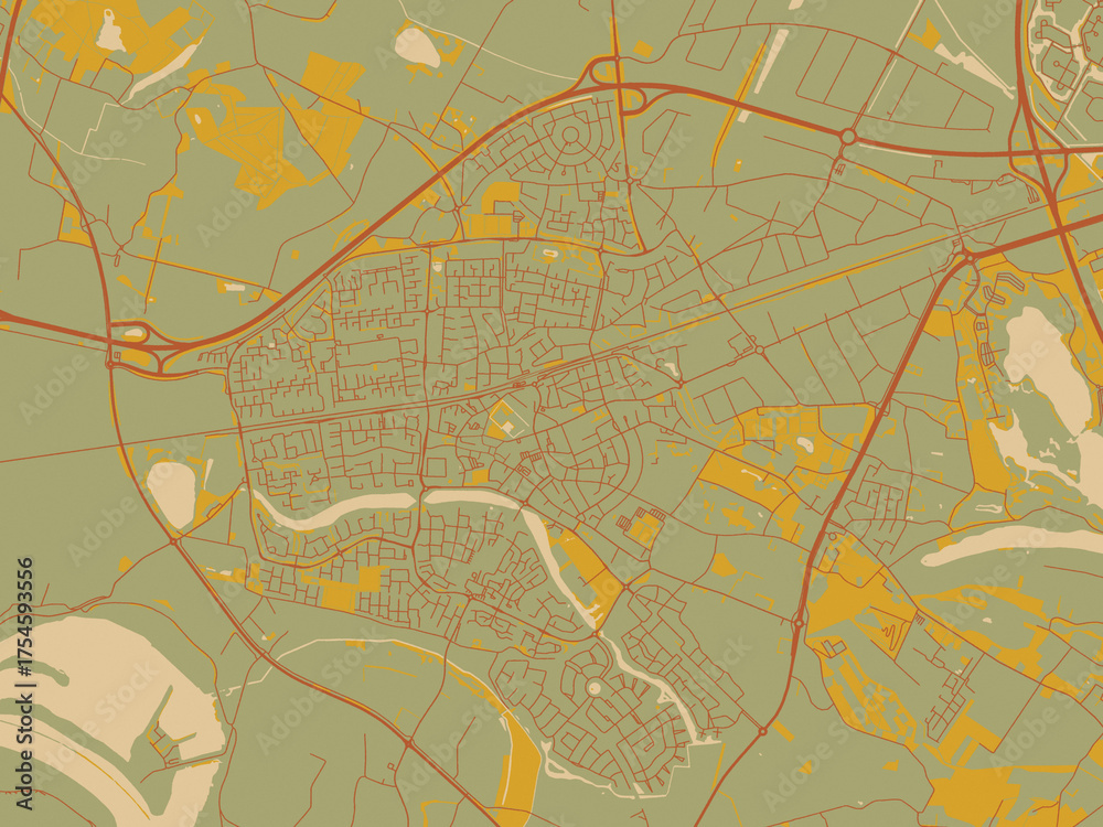 Naklejka premium Flat painterly map of Wijchen, Netherlands in sage/olive tone field with rust networks and ochre shapes, cream water.