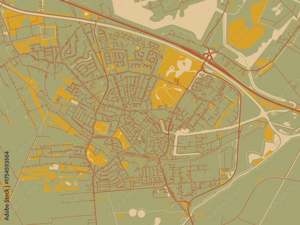 Fototapeta premium Vector-style flat map of Winschoten, Netherlands with sage/olive tone field with rust networks and ochre shapes, cream water.