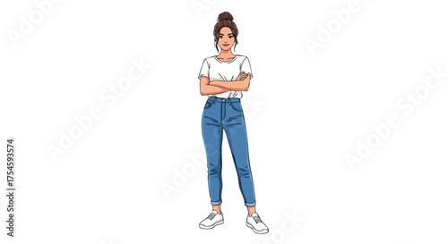 Illustration of a confident young woman with arms crossed, wearing a casual outfit of a white t-shirt and blue jeans. Modern female character concept isolated