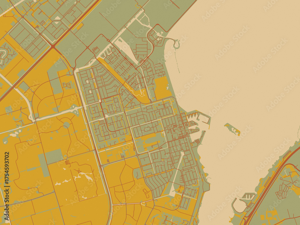 Obraz premium Abstract flat-design map of Zeewolde, Netherlands, featuring olive backdrop with warm rust street network and ochre blocks.