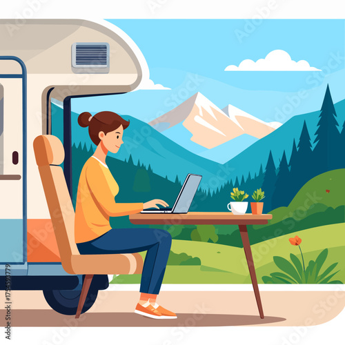 Young woman with bun yellow shirt blue pants focused on laptop at table beside a white camper van.