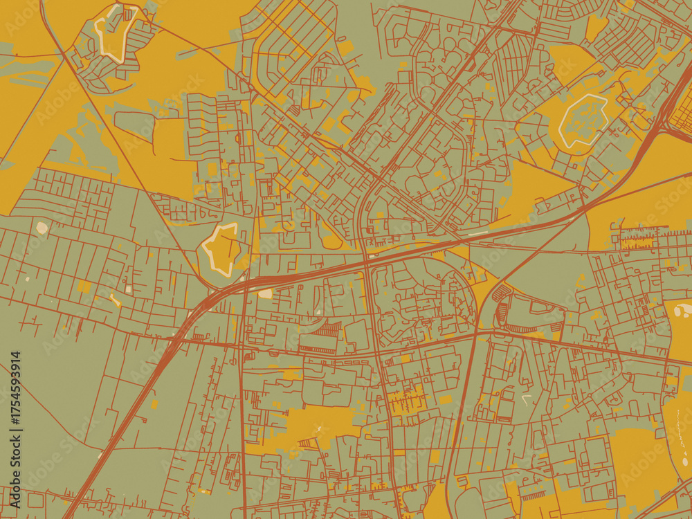 Fototapeta premium Minimalist flat city map of Bemowo, Poland with muted sage base, rust-colored roads, and soft ochre highlights.