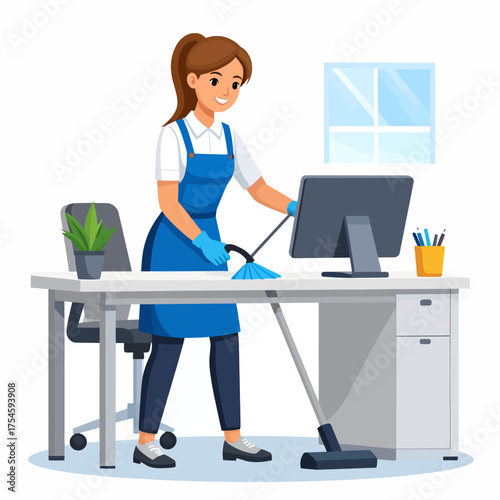 Cartoon Woman Cleaning Office Desk with Broom and Vacuum Cleaner.