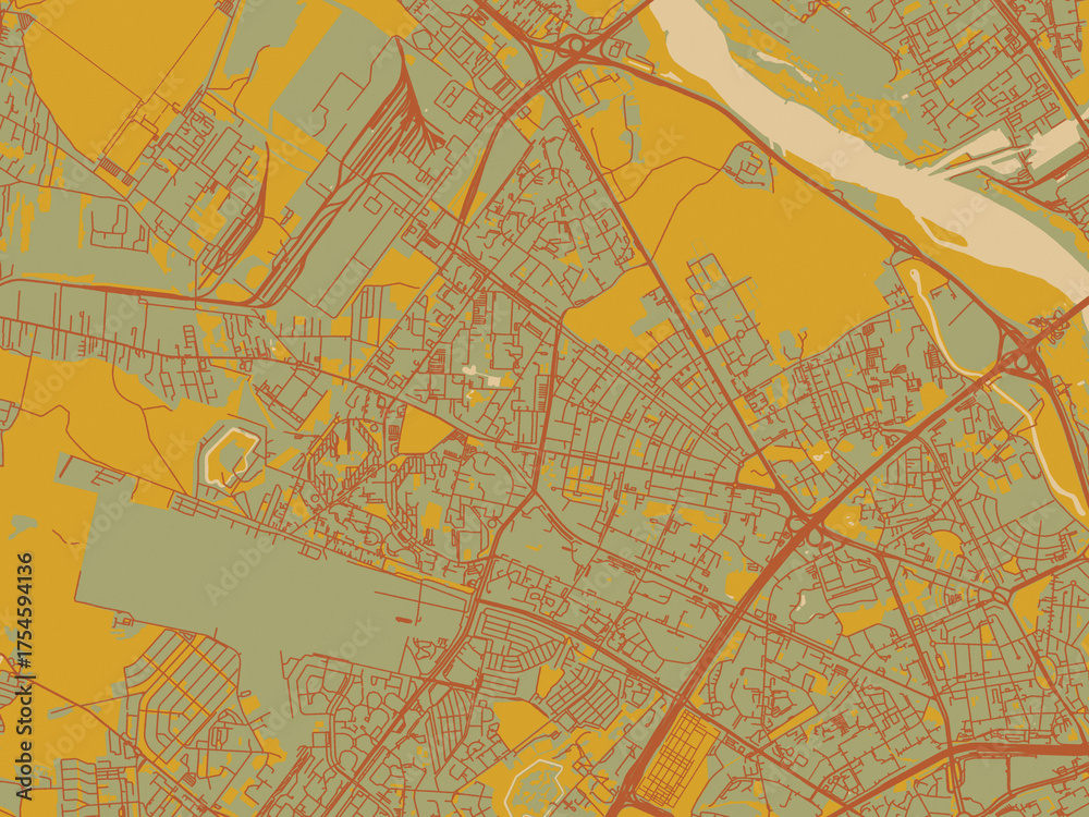 Fototapeta premium Vector-style flat map of Bielany, Poland with sage/olive tone field with rust networks and ochre shapes, cream water.