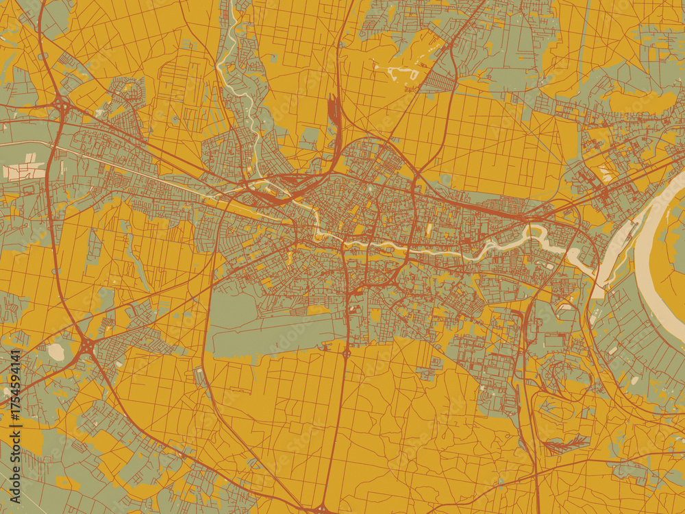 Fototapeta premium Stylized minimalist map of Bydgoszcz, Poland in sage/olive tone field with rust networks and ochre shapes, cream water.