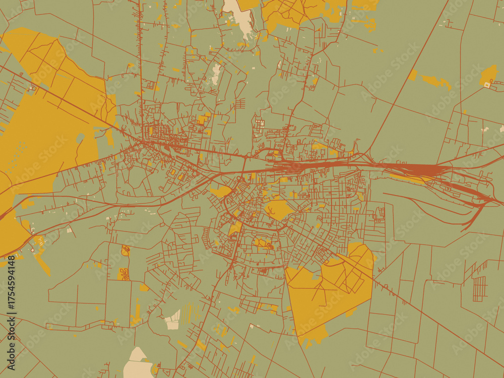 Naklejka premium Minimalist flat city map of Chelm, Poland with earthy sage background with rust roadways and ochre details.