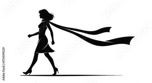 Silhouette of a woman walking with a flowing scarf, symbolizing confidence and freedom in motion