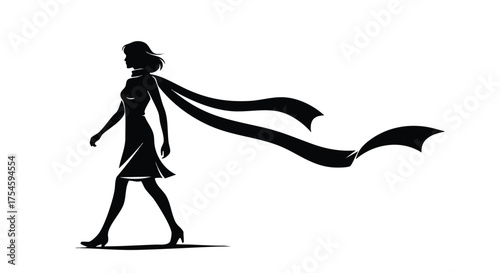 A chic and graceful silhouette of a woman in motion, her long scarf trailing behind, symbolizing confidence, freedom, and modern style