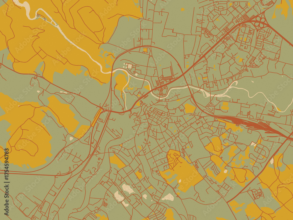 Fototapeta premium Graphic flat color map of Jelenia Gora, Poland in olive backdrop with warm rust street network and ochre blocks.