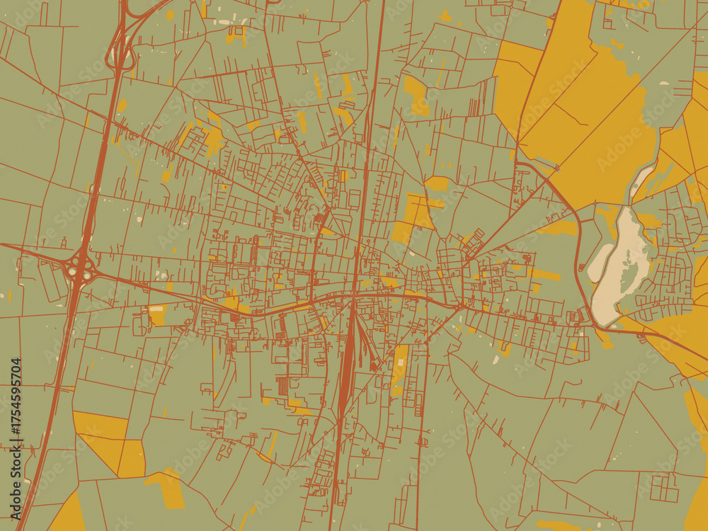 Obraz premium Abstract flat-design map of Piotrkow Trybunalski, Poland, featuring muted sage base, rust-colored roads, and soft ochre highlights.