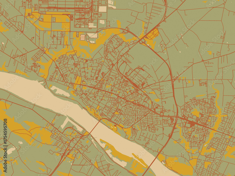 Obraz premium Poster-ready flat map of Plock, Poland, muted sage base, rust-colored roads, and soft ochre highlights.