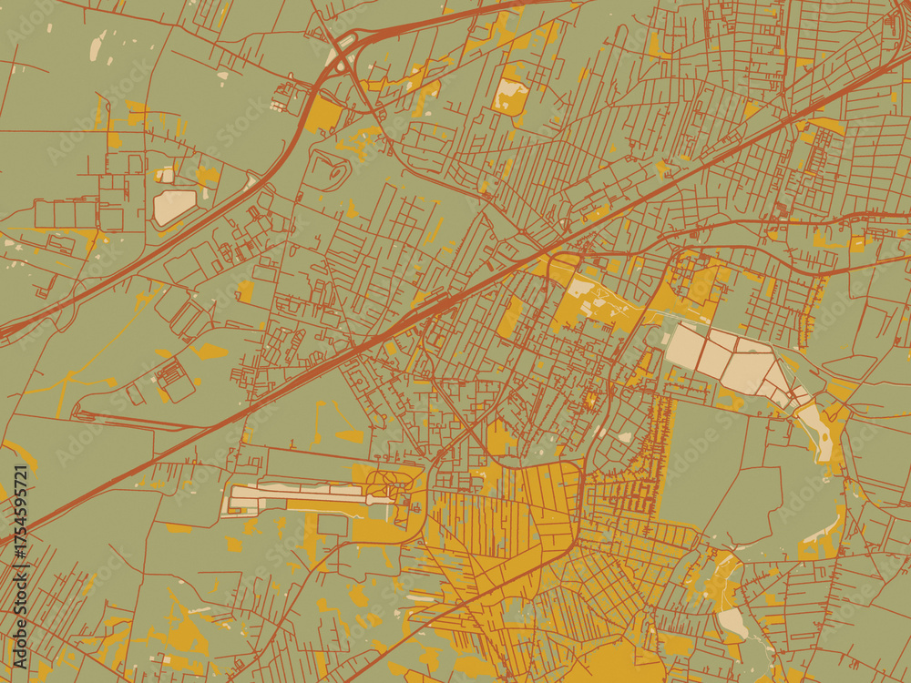 Naklejka premium Vector-style flat map of Pruszkow, Poland with sage green ground with rust-red roads and ochre accents.