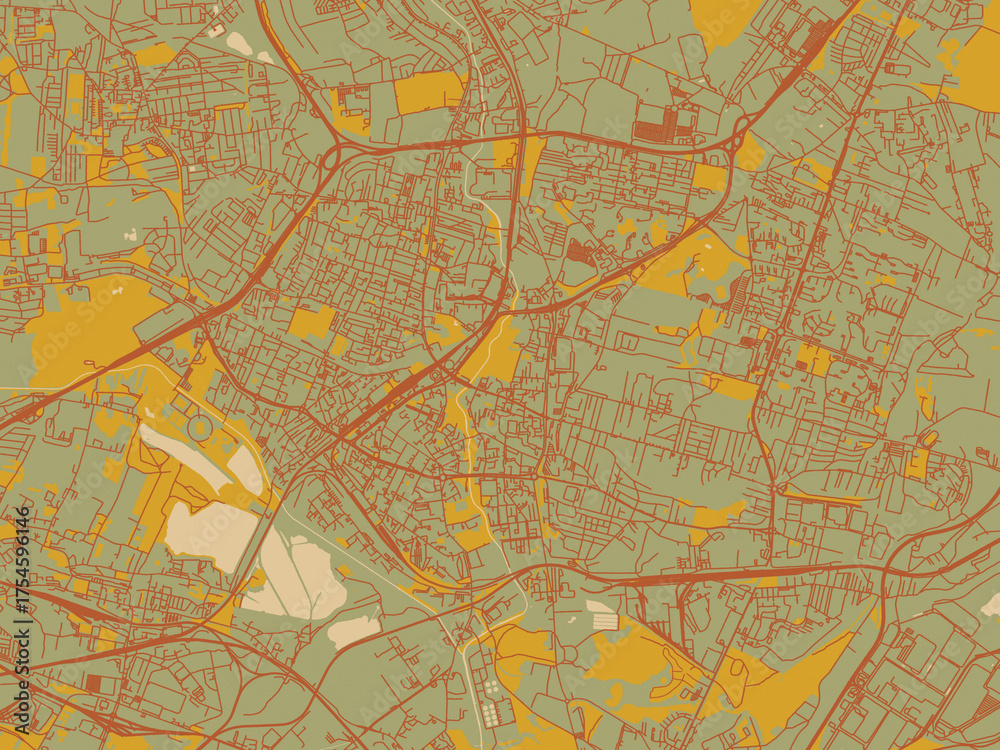 Obraz premium Flat painterly map of Sosnowiec, Poland in olive backdrop with warm rust street network and ochre blocks.