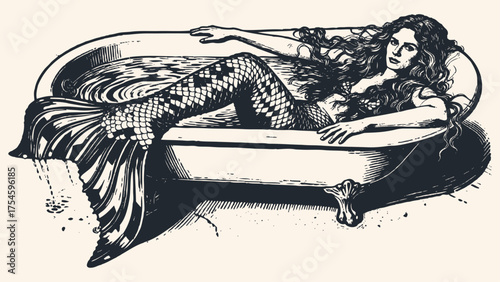 A beautiful mermaid with long hair and a scaly tail relaxes in a vintage clawfoot bathtub. Black and white vector illustration in a classic woodcut style.