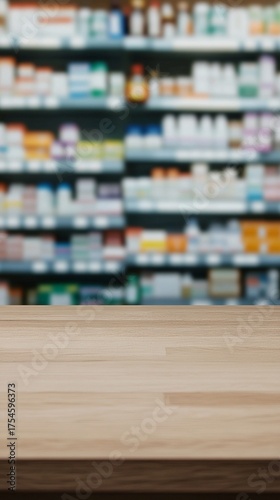 Wooden counter in foreground with blurred pharmacy shelves stocked with various medications and health products in background, creating depth of field.