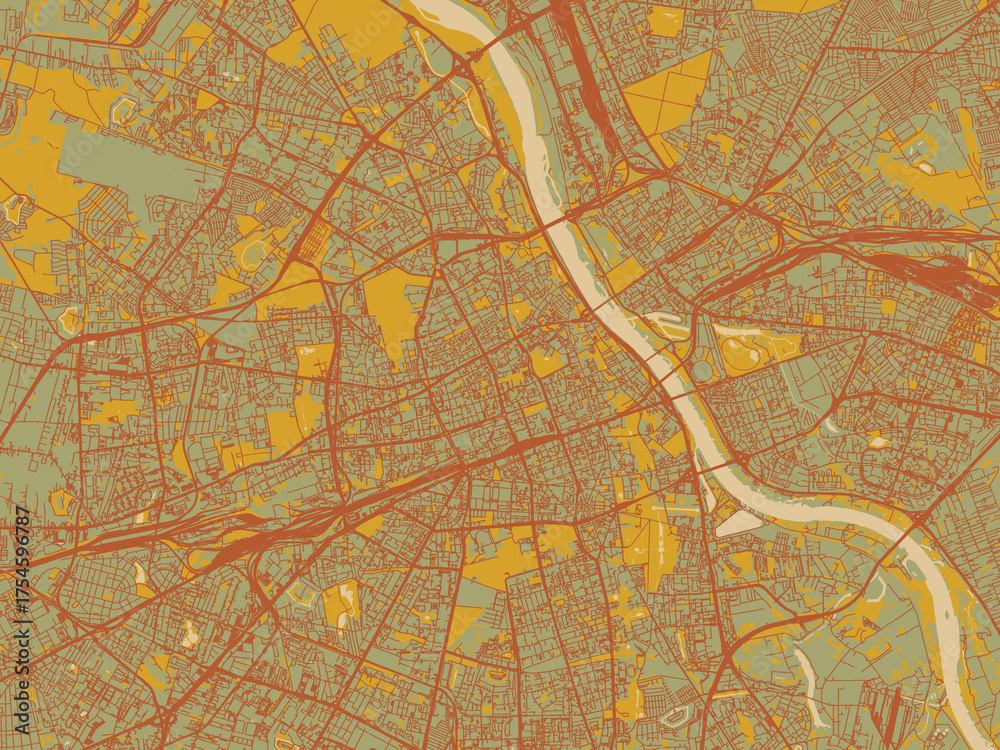 Obraz premium Minimalist flat city map of Warsaw, Poland with sage/olive tone field with rust networks and ochre shapes, cream water.