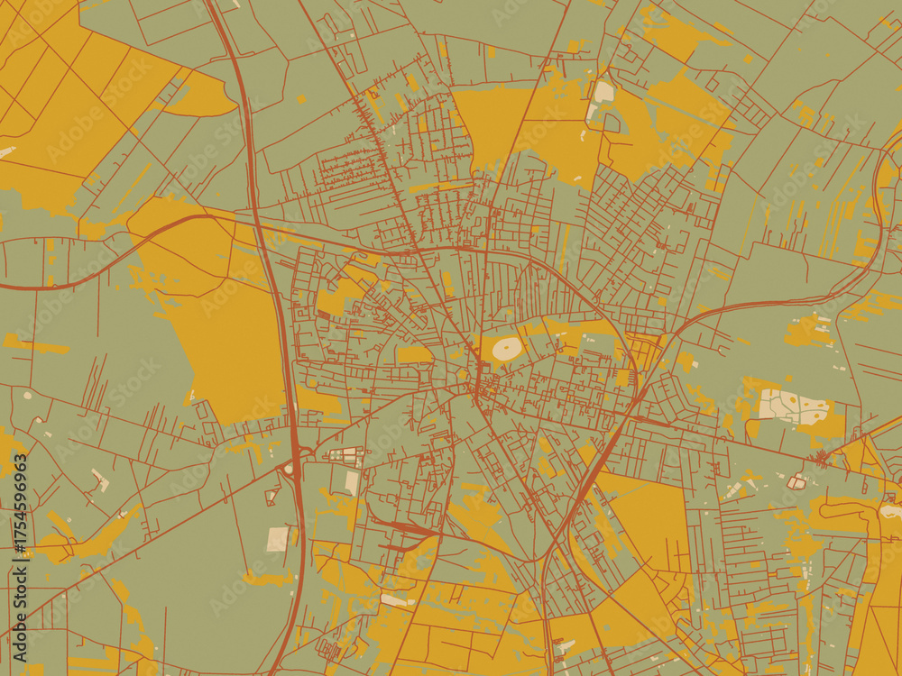 Fototapeta premium Flat painterly map of Zgierz, Poland in olive backdrop with warm rust street network and ochre blocks.