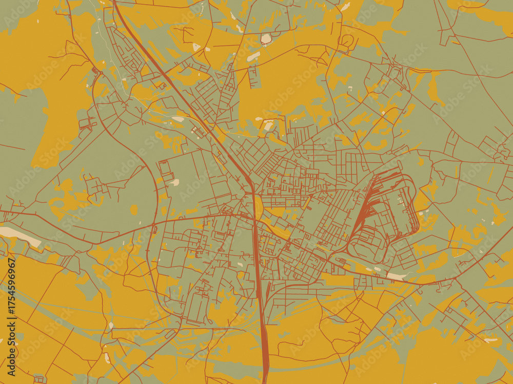 Fototapeta premium Poster-ready flat map of Zawiercie, Poland, sage/olive tone field with rust networks and ochre shapes, cream water.
