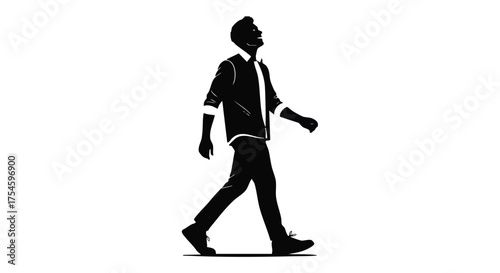 A stylized black and white silhouette of a young man walking confidently and looking upwards, symbolizing progress and optimism