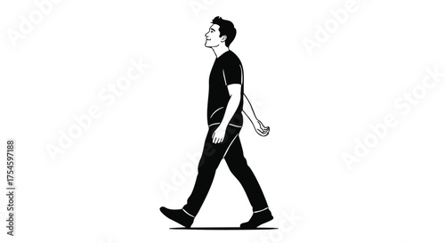 A minimalist illustration of a man walking in profile, showcasing a simple, clean design with clear outlines against a white background, perfect for various design applications