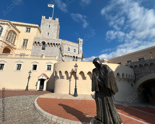 View of Prince's Palace of Monaco and monument to Jean II on day. Close-up.