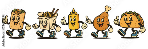 Retro fast food character mascots, vintage cartoon burrito, noodles, mustard and taco illustration set