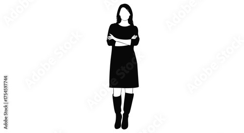 Minimalist illustration of a woman in a black dress and boots with arms crossed, isolated on white