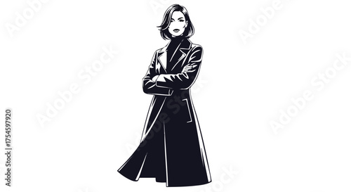 Illustration of a woman in a coat standing with her arms crossed, exuding confidence and style
