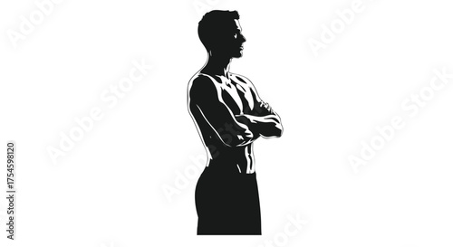 Silhouette of a muscular man with arms crossed, highlighting his athletic physique and confident stance