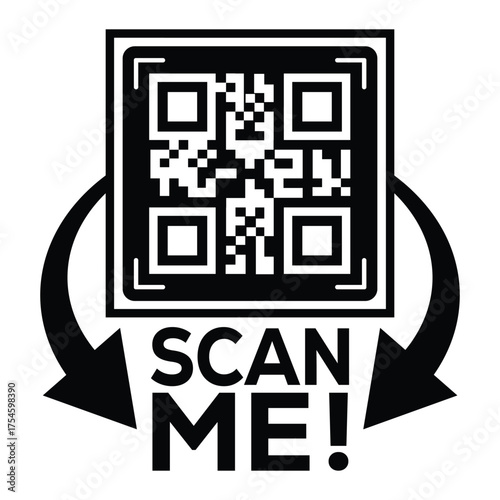 A bold, black and white vector graphic featuring a QR code centered in a square with targeting marks. Large arrows point to the text "SCAN ME!", creating a compelling call-to-action for immediate digi