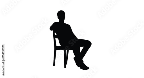 Black silhouette of a person sitting casually on a chair with crossed legs in a relaxed pose, isolated vector graphic on a white background